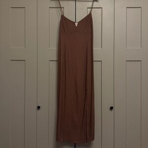 Saltwater Luxe Brown Micro-Print Slip Dress | V-Neck Maxi | Size XL